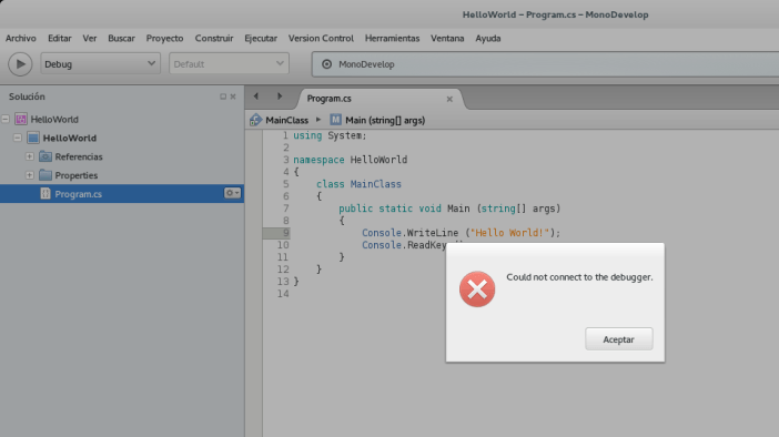 Monodevelop no depura